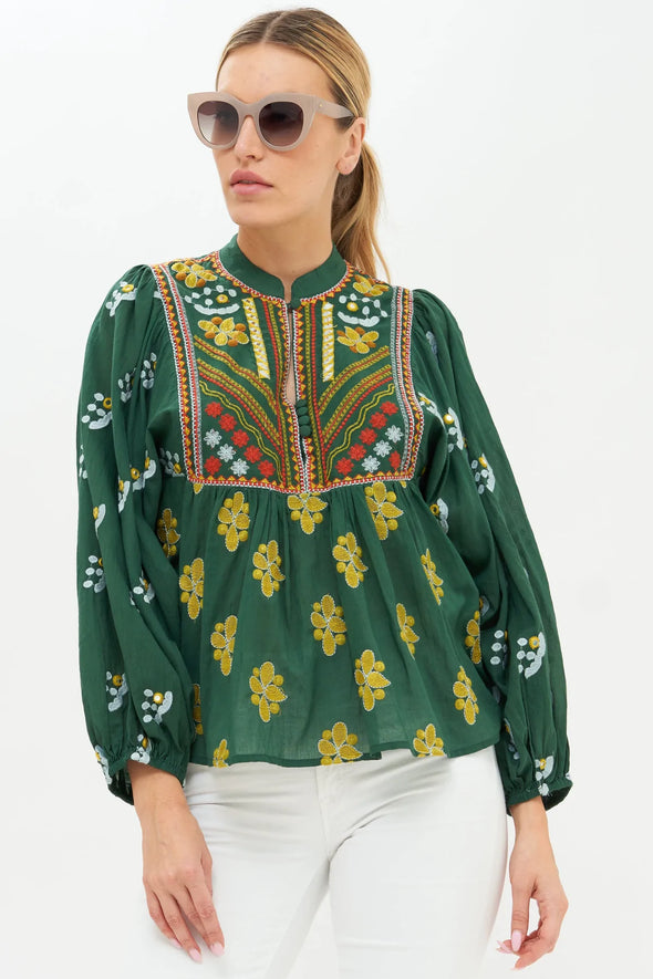 Oliphant Mandarin Balloon Top - Green Lucknow