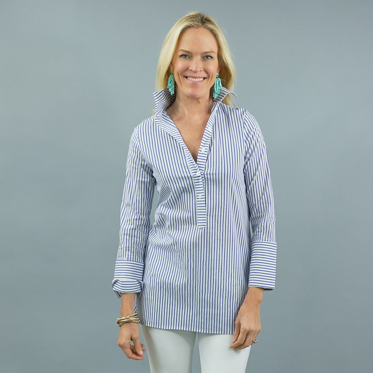 Ivy Tunic - White Wide Stripe Stretch Cotton