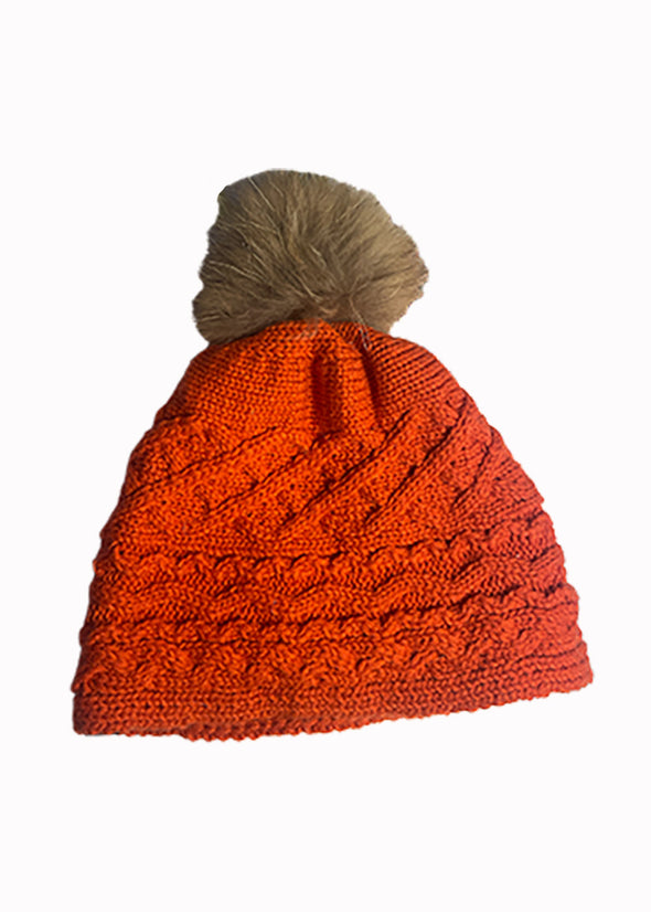 Cable Knit Pom Pom Hat - Red