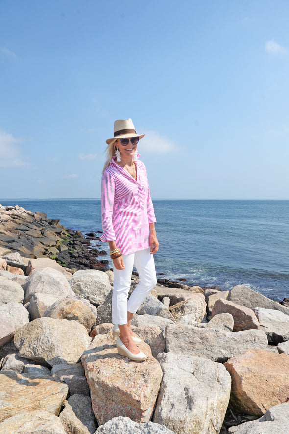 Ivy Tunic - White Wide Stripe Stretch Cotton