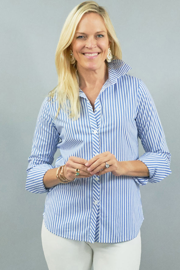 Tenley Shirt - Royal Blue Stripe Stretch Cotton