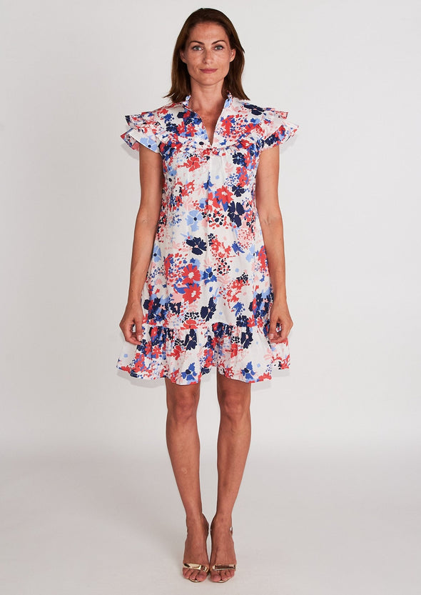 Silla Dress - Poppy Blue and Pink on White