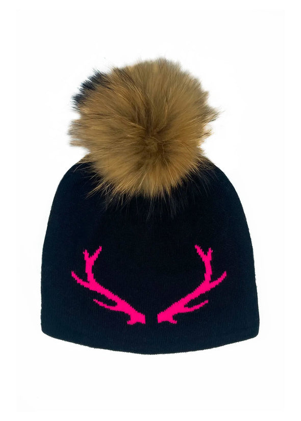 Pom Pom Hat - Navy Blue Antler on Natural