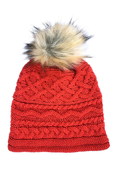 Pom Pom Hat - Red Faux Fur