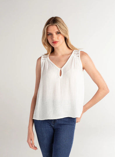 Red Haute Button Front Tank - White